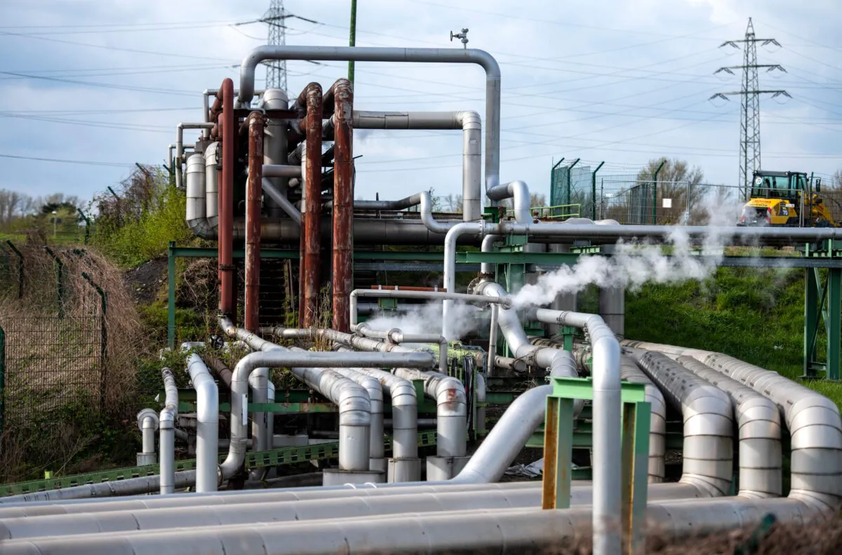 Supply pipes at the Ruhr Oel petroleum refineries of BP Gelsenkirchen GmbH in Gelsenkirchen, Germany, on Mar. 8, 2022. (Ina Fassbender/AFP via Getty Images)