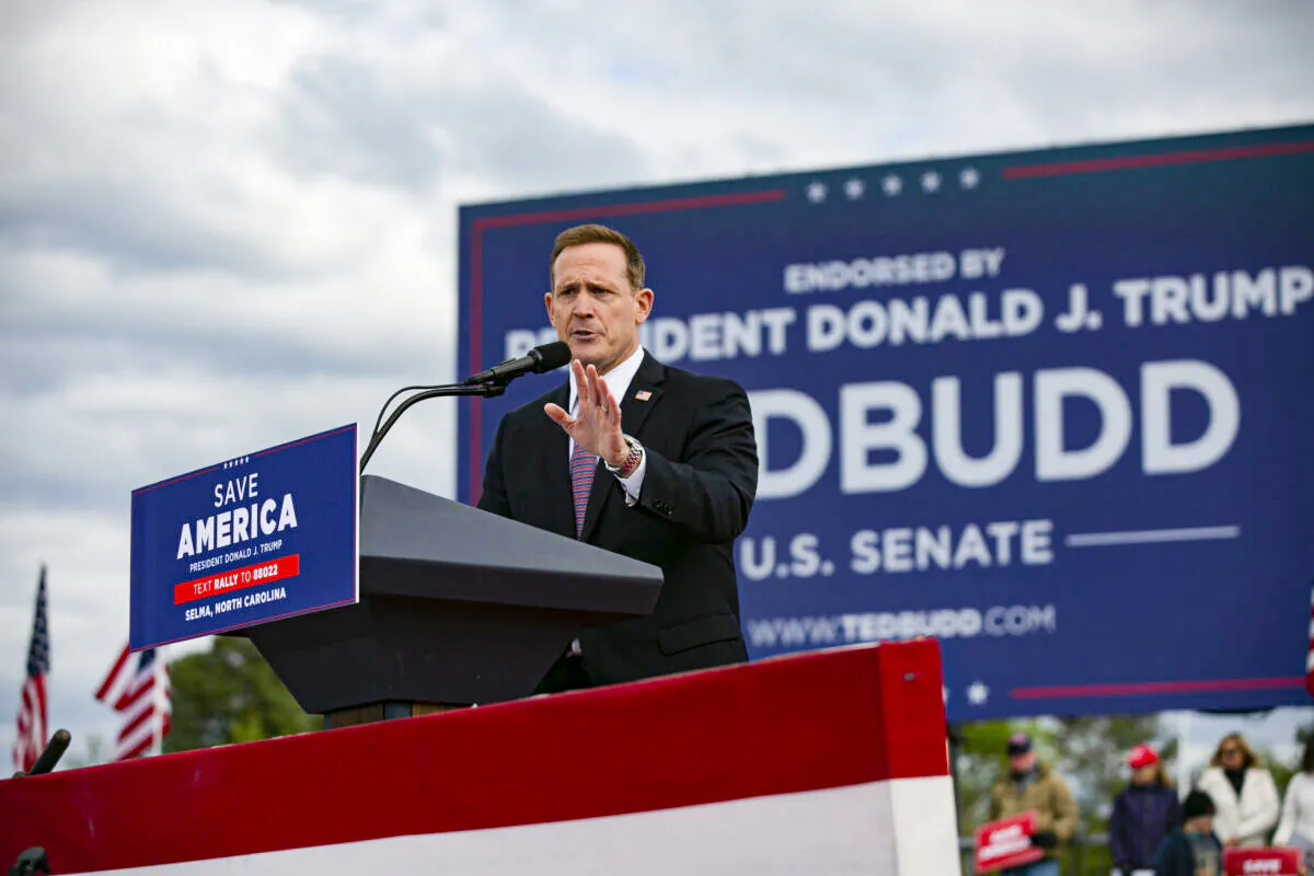 Ted Budd, who is running for U.S. Senate, speaks before a rally for former President Donald Trump at The Farm at 95 in Selma, North Carolina, on April 9, 2022. (Allison Joyce/Getty Images)