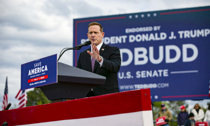Ted Budd, who is running for U.S. Senate, speaks before a rally for former U.S. President Donald Trump at The Farm at 95 in Selma, North Carolina, on April 9, 2022. (Allison Joyce/Getty Images)