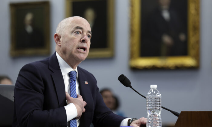 Homeland Security Secretary Alejandro Mayorkas testifies before a House Appropriations Subcommittee in Washington, on April 27, 2022. (Kevin Dietsch/Getty Images)