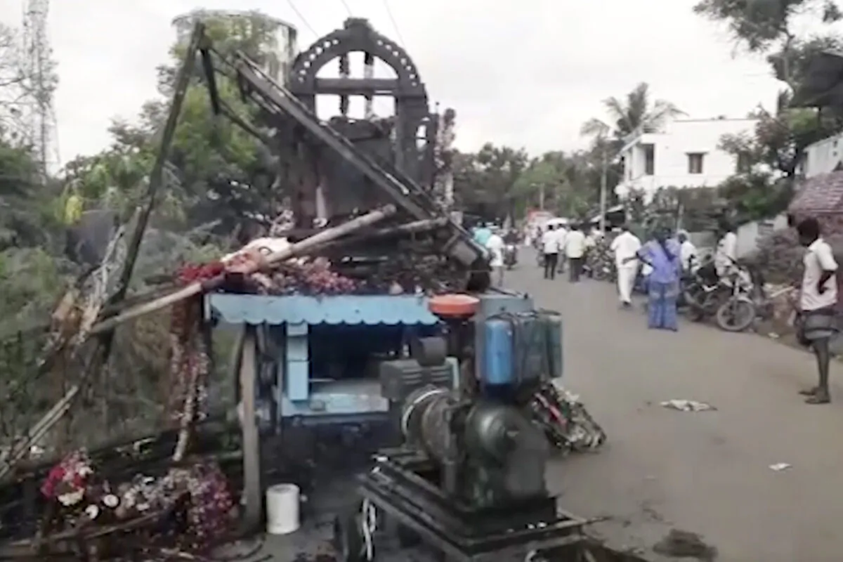 A truck, decorated as a chariot, after an accidental electric shock in Thanjavur district, in the southern Indian state of Tamil Nadu, on April 27, 2022. (KK Productions via AP)