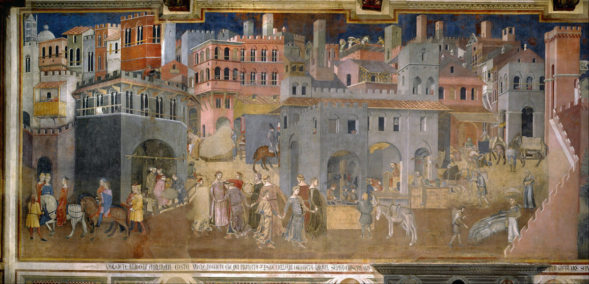 A detail from the “Effects of Good Governance,” 1338–40, by Ambrogio Lorenzetti. Siena, Italy. (Public Domain)