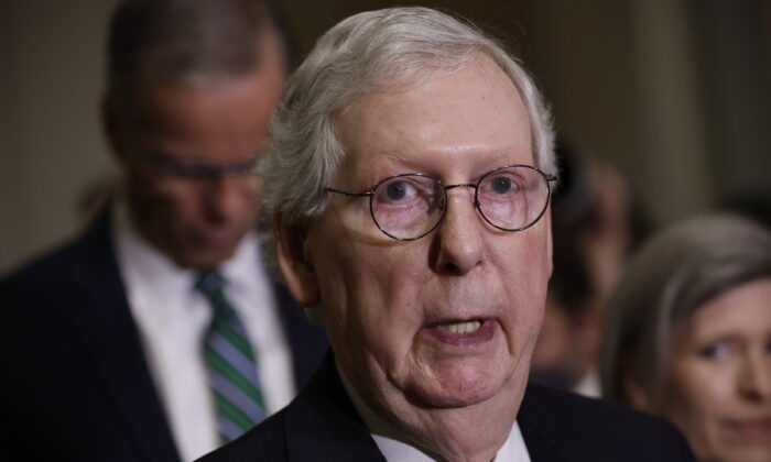 Senate Minority Leader Mitch McConnell (R-Ky.) speaks to reporters in Washington on April 26, 2022. (Chip Somodevilla/Getty Images)