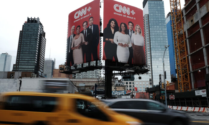 An advertisement for CNN+ is displayed in Manhattan in New York on April 21, 2022. (Spencer Platt/Getty Images)