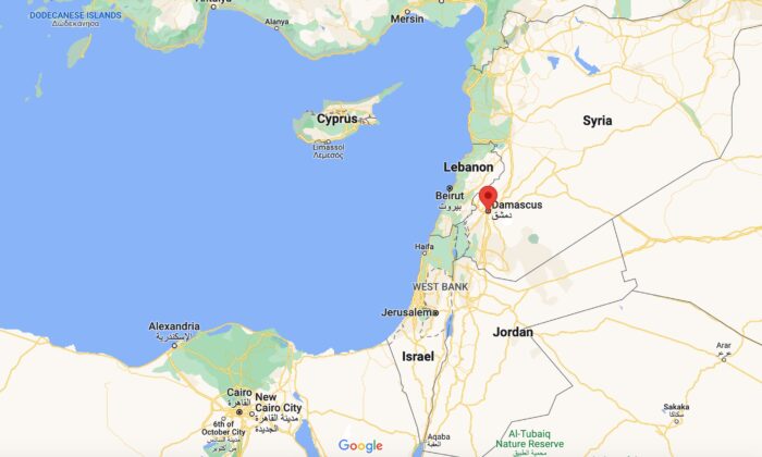 The Syrian capital Damascus is shown in red on a map. (Google Maps/Screenshot via The Epoch Times)