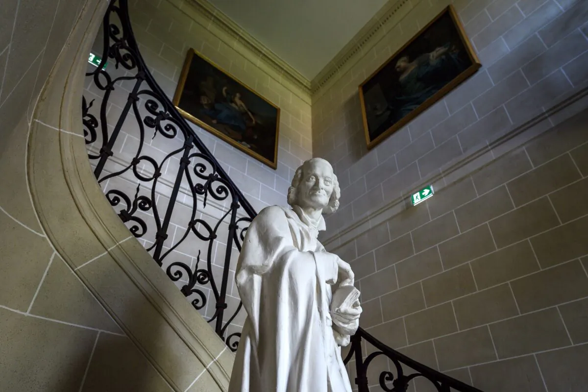 A picture shows a bust of French philosepher and writer Voltaire at the newly restored Chateau de Voltaire in Ferney-Voltaire, eastern France, on May 30, 2018. (Fabrice Coffrini/AFP via Getty Images)