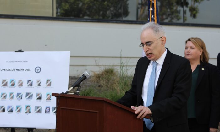 David Jaffe, Chief of the Organized Crime & Gang Section, U.S. Department of Justice, speaks at a press conference to discuss federal indictments charging 31 members and associates of the Mexican Mafia in Orange, Calif., on Wednesday, April 27, 2022. (Brandon Drey/The Epoch Times)