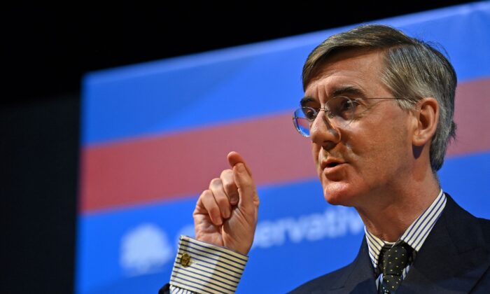 Britain's Brexit Opportunities and Government Efficiency Secretary Jacob Rees-Mogg addresses delegates during the Conservative Party Spring Conference, at Blackpool Winter Gardens in Blackpool, north-west England, on March 18, 2022. (Paul Ellis /AFP via Getty Images)