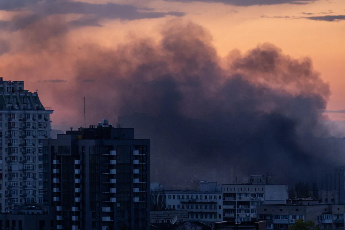 Smoke rises after missiles landed at sunset in Kyiv, Ukraine, on April 28, 2022.(John Moore/Getty Images)