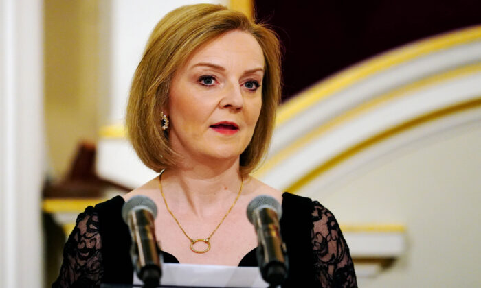 UK Foreign Secretary Liz Truss speaking at the Easter Banquet at Mansion House in London on April 27, 2022. (Victoria Jones/PA Media)

