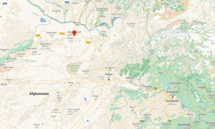 Map photo showing location of Mazar-e-Sharif, capital of Balkh province in northern Afghanistan, where two explosions occurred, on April 28, 2022. (Google Maps/Screenshot via The Epoch Times)