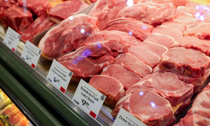 Prices on a selection of red meat in Manhattan, New York, on March 29, 2022. (Andrew Kelly/Reuters)