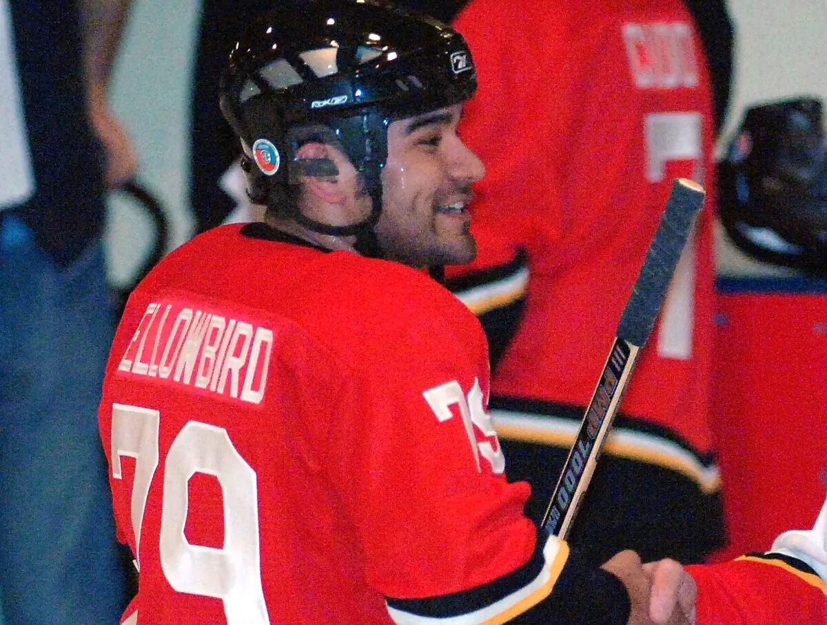 Canadian country musician Shane Yellowbird has a pre-game introduction at the 2008 Juno Cup hockey game between the Rockers and the NHL Greats at the Stampede Corral in Calgary, Alberta, Canada, on April 4, 2008. (Marissa Baecker/Getty Images)