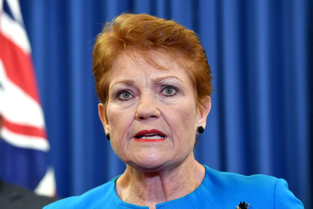 One Nation leader, Senator Pauline Hanson is seen during a press conference in Brisbane, Australia, on April 13, 2022. (AAP Image/Darren England)