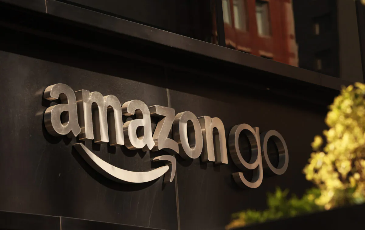 An Amazon Go store signage in the Financial District in New York on April 29, 2022. (Michael M. Santiago/Getty Images)