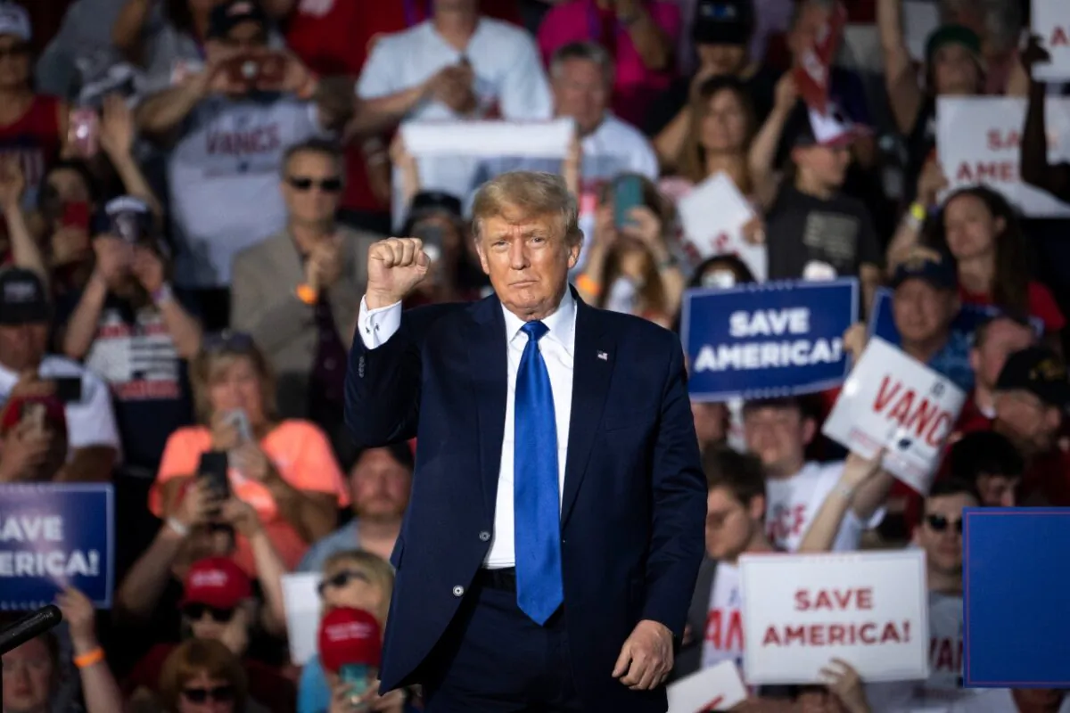 Former president Donald Trump gestures after speaking at the Delaware County Fairgrounds in Ohio on April 23, 2022. (Drew Angerer/Getty Images)