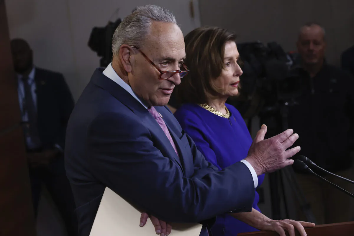 Senate Majority Leader Charles Schumer (D-N.Y.) and Speaker of the House Nancy Pelosi (D-Calif.) during a news conference in the U.S. Capitol Visitors Center in Washington, D.C. on April 28, 2022. (Chip Somodevilla/Getty Images)