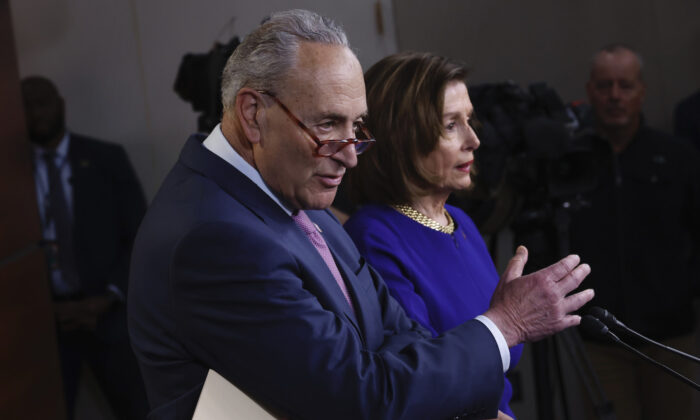 Senate Majority Leader Charles Schumer (D-N.Y.) and Speaker of the House Nancy Pelosi (D-Calif.) during a news conference in the U.S. Capitol Visitors Center in Washington, D.C. on April 28, 2022. (Chip Somodevilla/Getty Images)