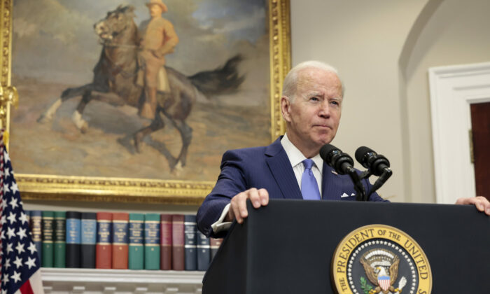U.S. President Joe Biden gives remarks on providing additional support to Ukraine’s war efforts against Russia from the Roosevelt Room of the White House in Washington on April 28, 2022. (Anna Moneymaker/Getty Images)