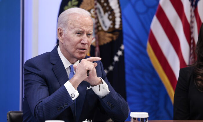 U.S. President Joe Biden gives remarks before meeting with small business owners in the South Court Auditorium of the White House in Washington on April 28, 2022. (Anna Moneymaker/Getty Images)