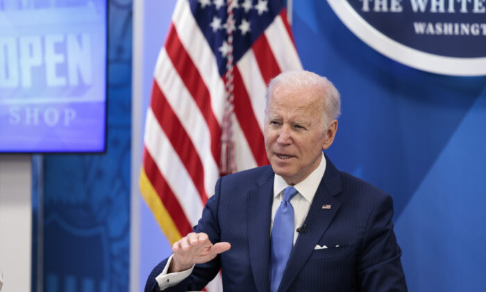 President Joe Biden gives remarks before meeting with small business owners in the South Court Auditorium of the White House in Washington on April 28, 2022. (Anna Moneymaker/Getty Images)