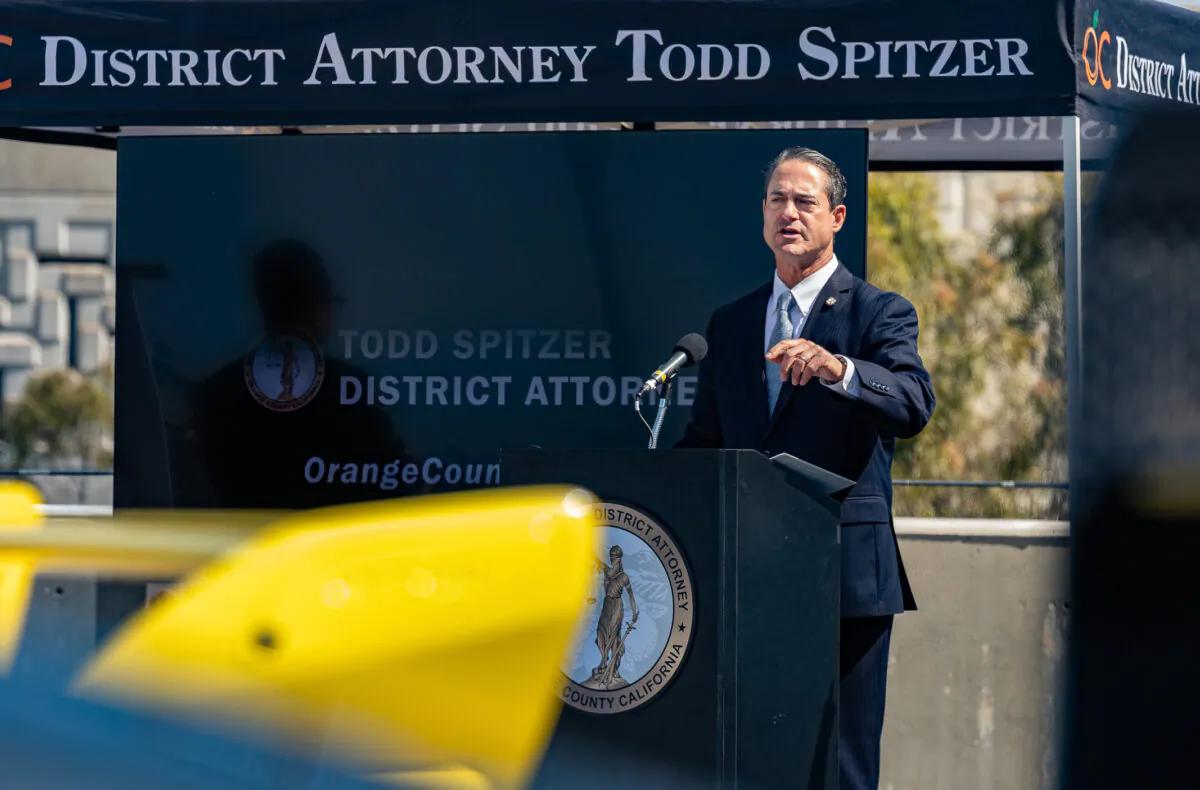 Orange County District Attorney Todd Spitzer speaks about street racing crimes in Santa Ana, Calif., on April 29, 2022. (John Fredricks/The Epoch Times)