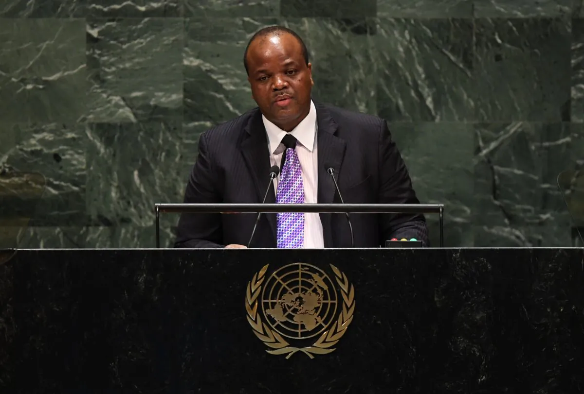 King Mswati III of Eswatini speaks during the 74th Session of the General Assembly at the United Nations headquarters in New York on Sept. 25, 2019. (Timothy A. Clary/AFP via Getty Images)