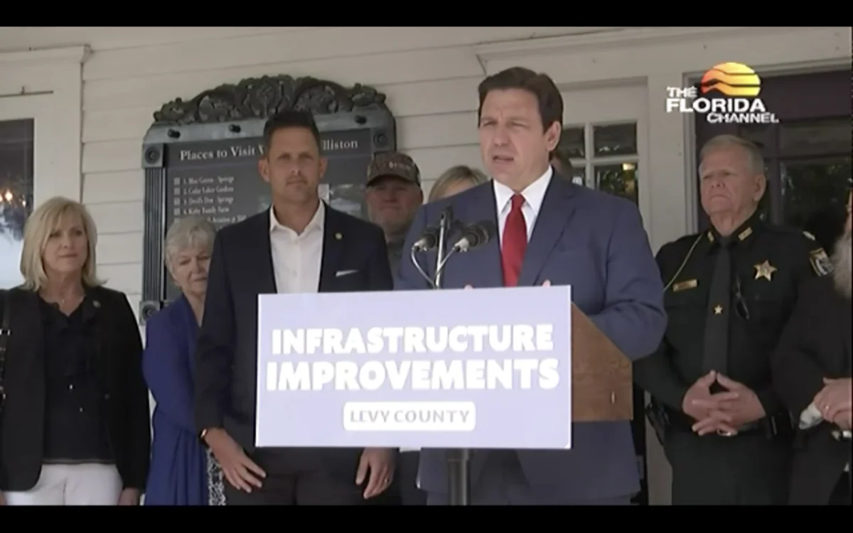 Florida Gov. Ron DeSantis speaks to reporters during a press conference in Levy County on April 29. (Screenshot/The Epoch Times)