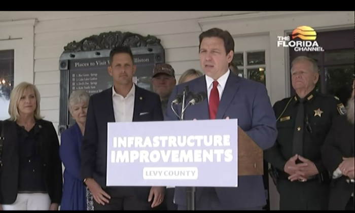 Florida Gov. Ron DeSantis speaks to reporters during a press conference in Levy County on April 29. (Screenshot/The Epoch Times)