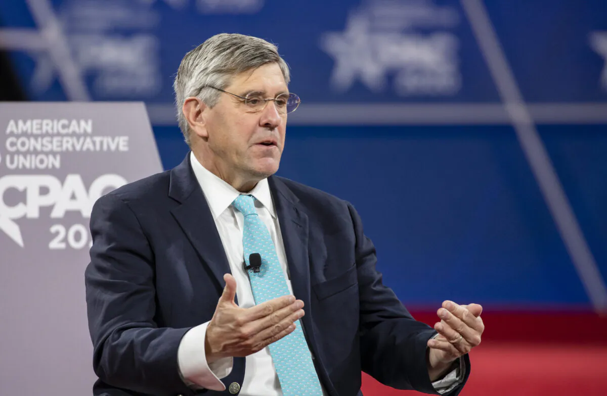 Stephen Moore, distinguished visiting fellow for Project for Economic Growth at The Heritage Foundation, has a conversation with Acting White House Chief of Staff Mick Mulvaney (not pictured) on stage at the Conservative Political Action Conference 2020 (CPAC) hosted by the American Conservative Union in National Harbor, Md., on Feb. 28, 2020. (Samuel Corum/Getty Images)