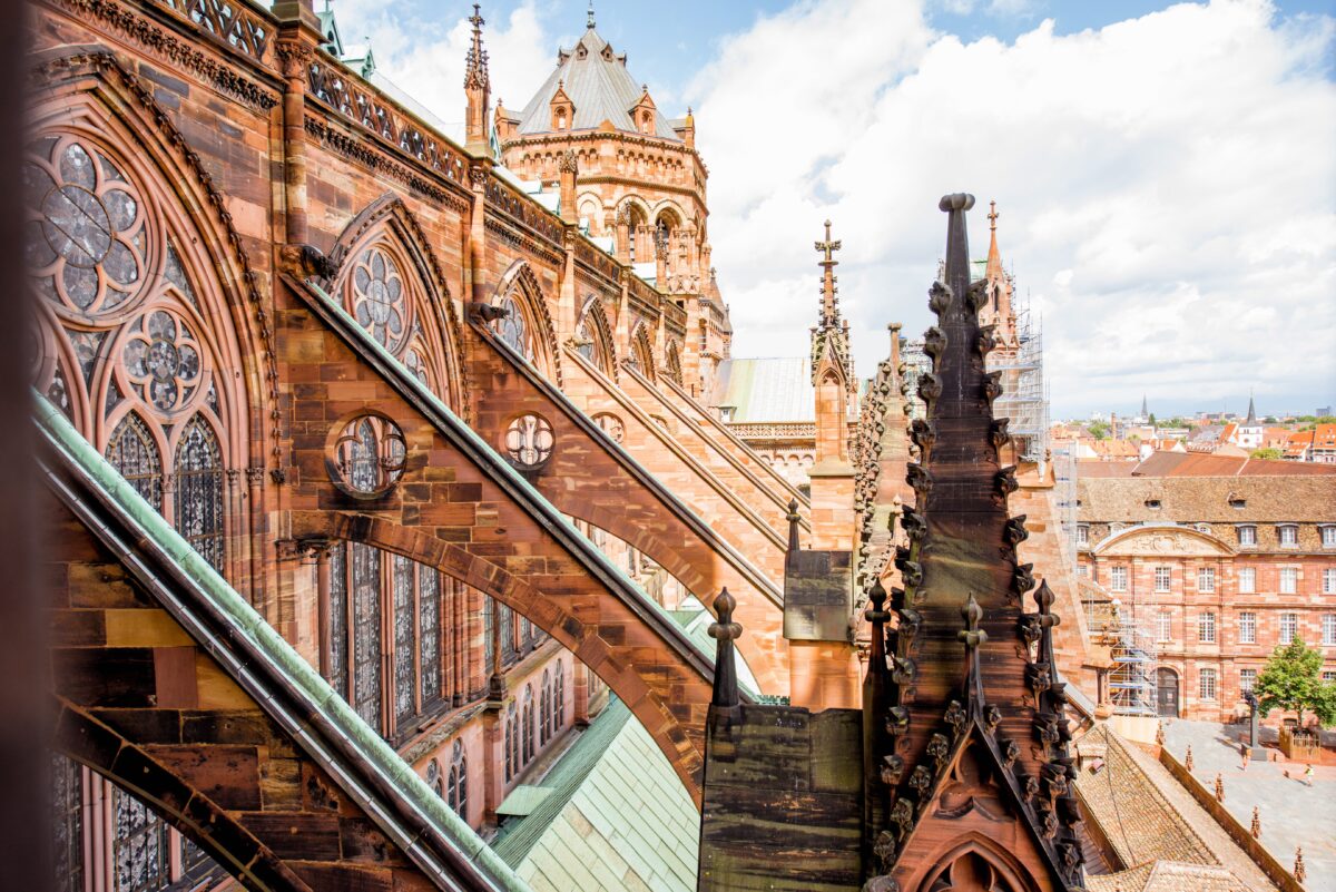 View on the spires of the Strasbourg Cathedral in France. (RossHelen/Shutterstock)