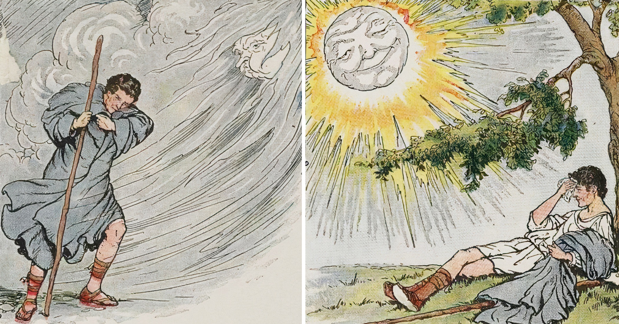 Читать рассказ сильнейший. Ветер и солнце Ушинский иллюстрации. Иллюстрация к сказке ветер и солнце Ушинский. Эзоп Северный ветер и солнце. Эзоп ветер и солнце.