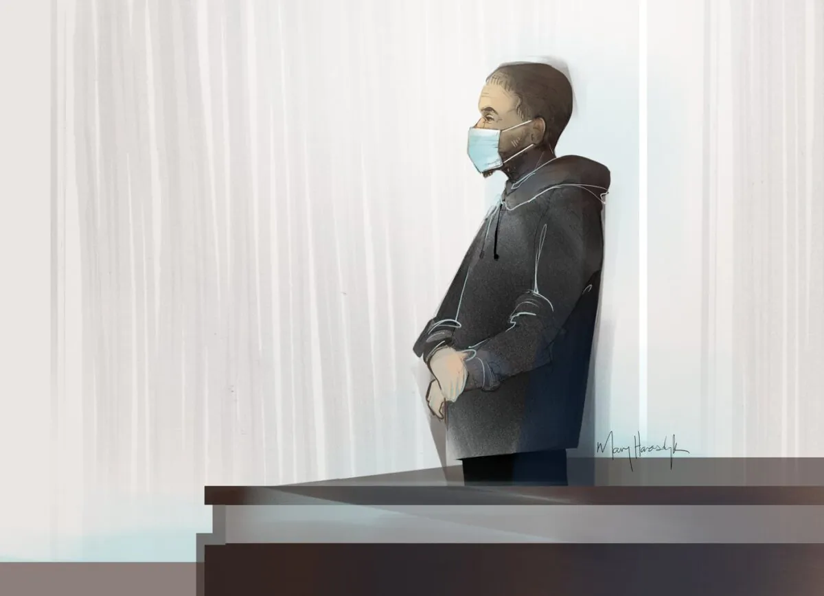 Hussein Borhot is seen in a courtroom illustration in Calgary on April 28, 2022. (The Canadian Press/Mary Haasdyk)