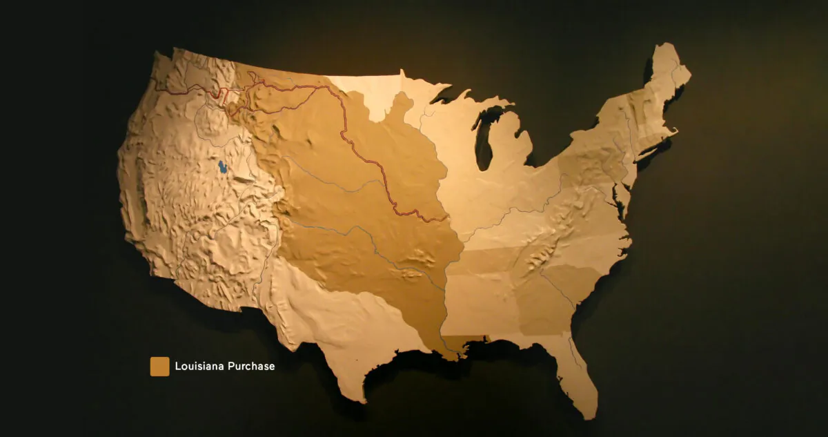 The dark shaded area in
the center of the map highlights the territory added to the country with the Louisiana Purchase. (Jose Gil/Shutterstock)