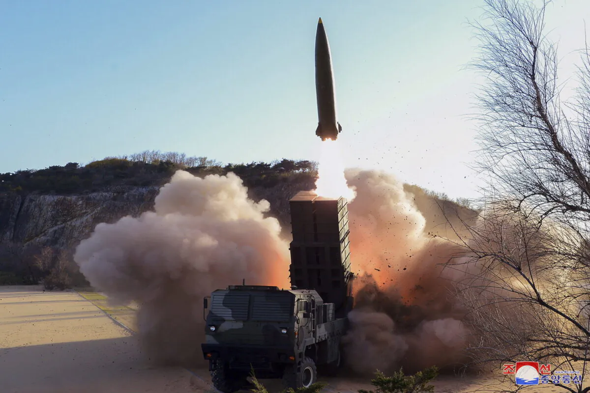 A weapon is fired at an undisclosed location in North Korea in an undated photo provided by the North Korean regime on April 17, 2022. (Korean Central News Agency/Korea News Service via AP)