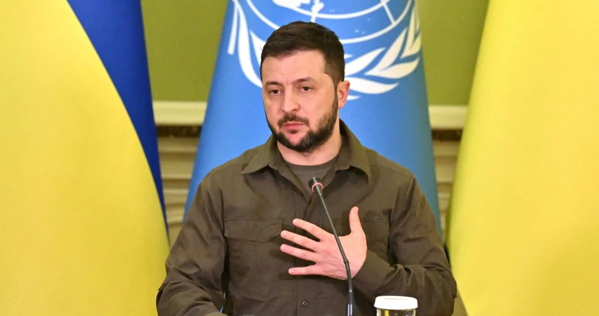 Ukrainian Preident Volodymyr Zelenskyy speaks during a joint press conference with U.N. Secretary-General following their talks in Kyiv on April 28, 2022. (Sergei Supinsky/AFP via Getty Images)