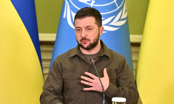 Ukrainian Preident Volodymyr Zelenskyy speaks during a joint press conference with U.N. Secretary-General following their talks in Kyiv on April 28, 2022. (Sergei Supinsky/AFP via Getty Images)