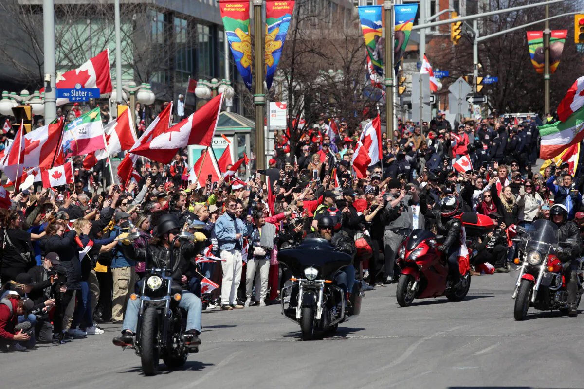 Motorcycle riders of the Rolling Thunder Convoy parade through downtown Ottawa on April 30, 2022. (Dave Chan/AFP via Getty Images)