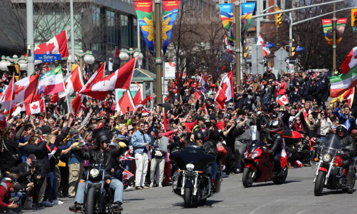Motorcycle riders of the Rolling Thunder Convoy parade through downtown Ottawa on April 30, 2022. (Dave Chan/AFP via Getty Images)