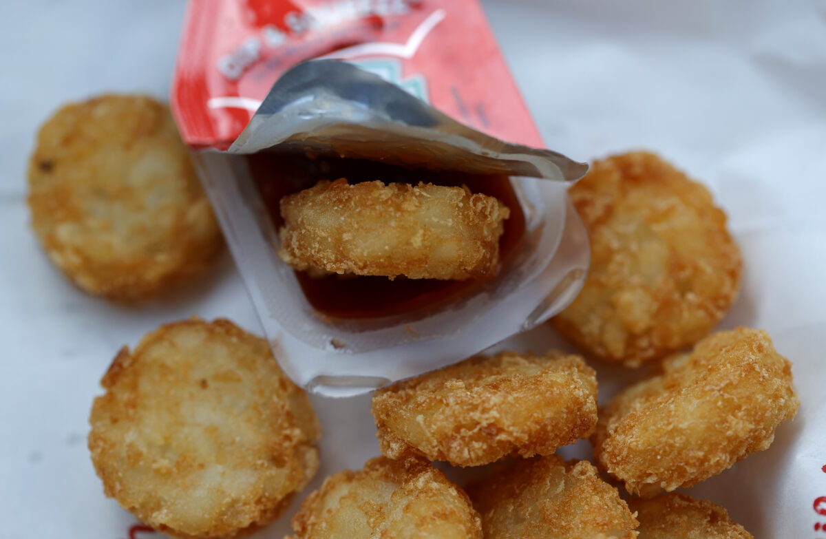 A Chick-fil-A hash brown sits in a packet of Heinz ketchup in Novato, Calif. on April 12, 2021. (Justin Sullivan/Getty Images)