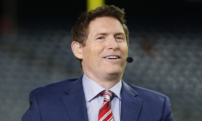 ESPN analyst Steve Young broadcasts before the AFC Wild Card Playoff game between the Houston Texans and the Buffalo Bills at NRG Stadium in Houston on Jan. 4, 2020. (Bob Levey/Getty Images)