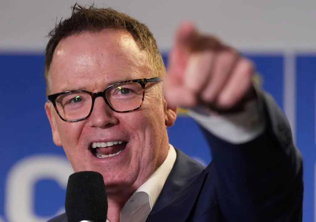B.C. Liberal Leader Kevin Falcon addresses supporters after winning a by-election for a seat in the legislature in the riding of Vancouver-Quilchena, in Vancouver, on April 30, 2022. (The Canadian Press/Darryl Dyck)