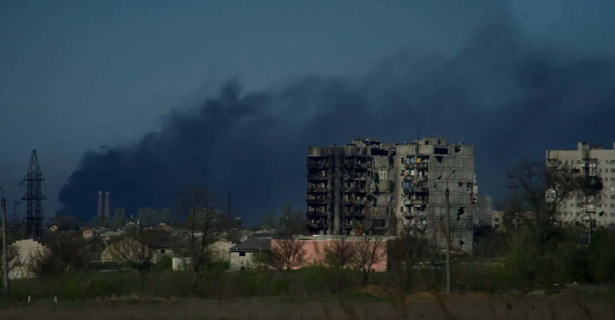Smoke rises from the grounds of the Azovstal steel plant in the city of Mariupol, Ukraine, on April 29, 2022, amid the ongoing Russian military action in Ukraine. (Andrey Borodulin/AFP via Getty Images)
