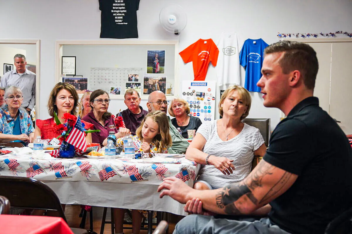 Rep. Madison Cawthorn (R) speaks to voters at a meet and greet event in Columbus, N.C., on April 30, 2022. (Jackson Elliott/The Epoch Times)