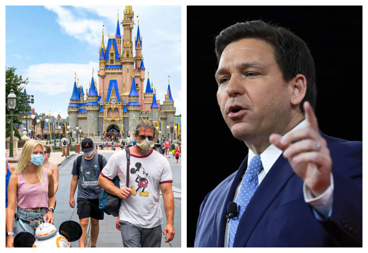 (Left) Guests are seen at Walt Disney World in Lake Buena Vista, Florida, in a file photo. (Right) Gov. Ron DeSantis in a Feb. 24, 2022, image. (Joe Burbank/Orlando Sentinel via AP; Joe Raedle/Getty Images)