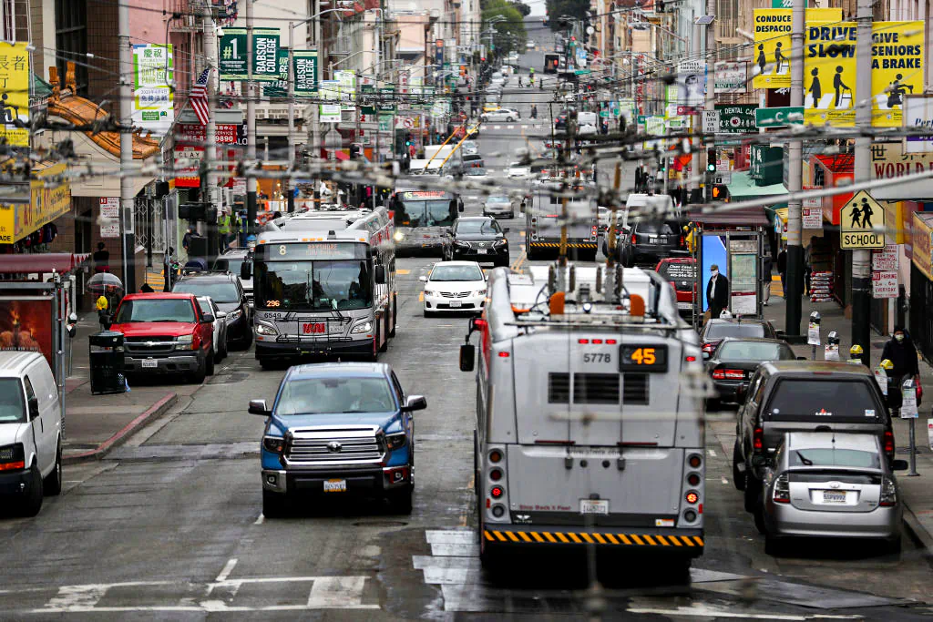 San Francisco MUNI buses travel along Stockton Street in San Francisco on April 06, 2020. (Justin Sullivan/Getty Images)