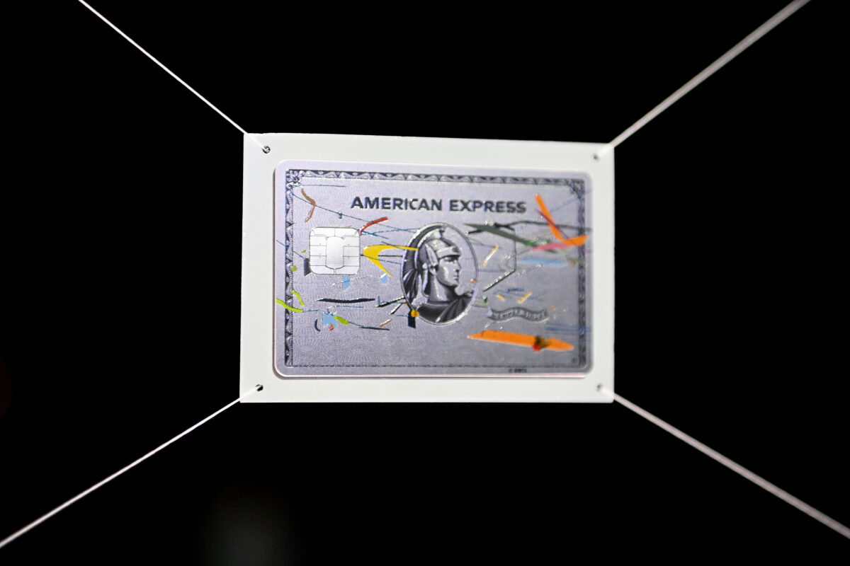 A view of an American Express credit card as American Express unveils New Art x Platinum Designs with Julie Mehretu and Kehinde Wiley at The Miami Beach EDITION with a dining experience by Cote in Miami Beach, Florida on Dec. 01, 2021. (Bryan Bedder/Getty Images for American Express)