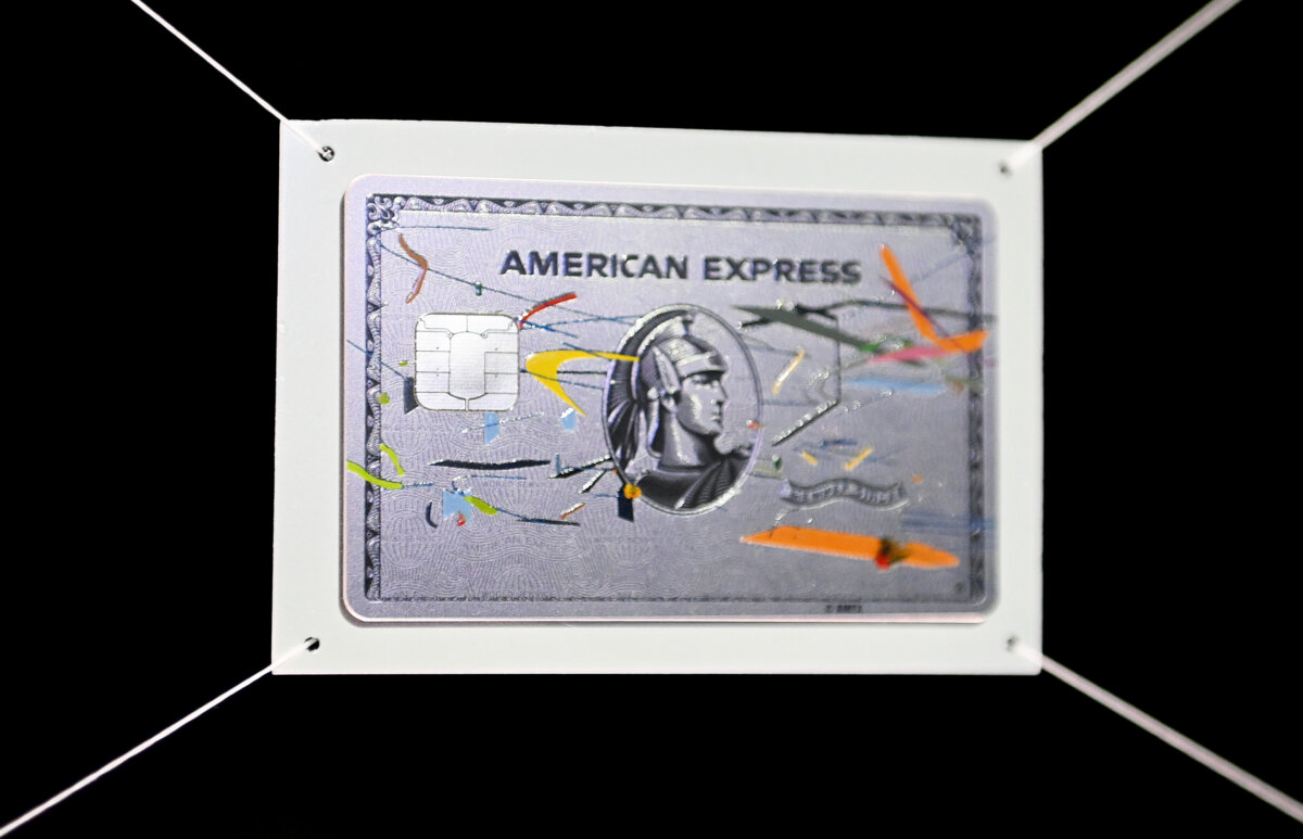A view of an American Express credit card as American Express unveils New Art x Platinum Designs with Julie Mehretu and Kehinde Wiley at The Miami Beach EDITION with a dining experience by Cote in Miami Beach, Florida, on Dec. 1, 2021. (Bryan Bedder/Getty Images for American Express)