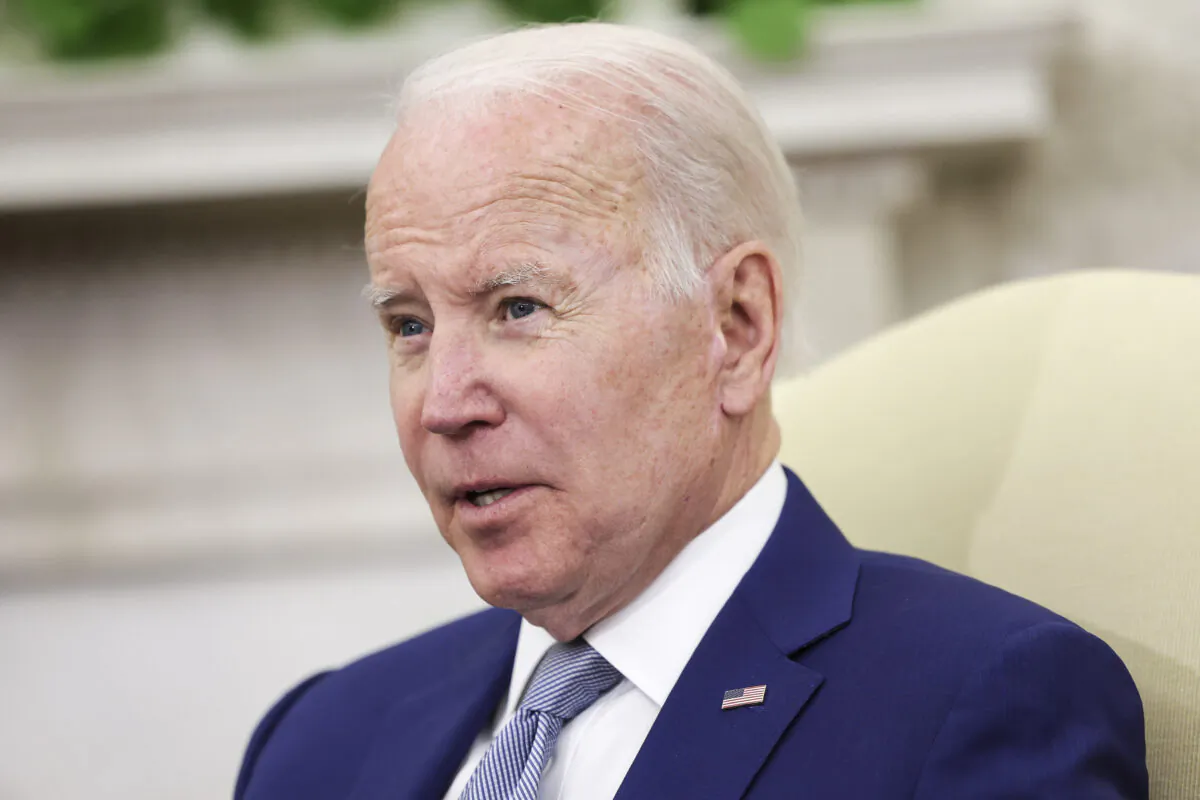 U.S. President Joe Biden speaks during a meeting with Federal Reserve Chairman Jerome Powell and Treasury Secretary Janet Yellen, in the Oval Office at the White House in Washington on May 31, 2022. (Kevin Dietsch/Getty Images)