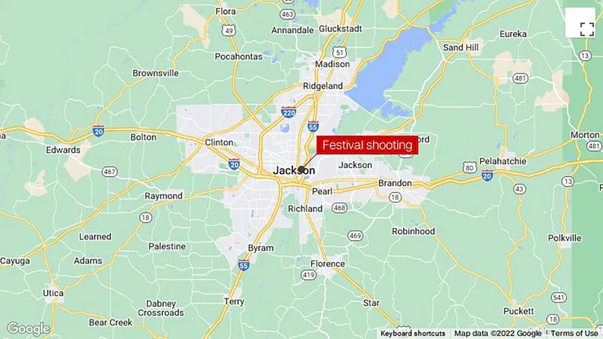 A map showing the location of a shooting at Mississippi Mudbug Festival in Jackson, Miss., on April 30 2022. (Google Maps)